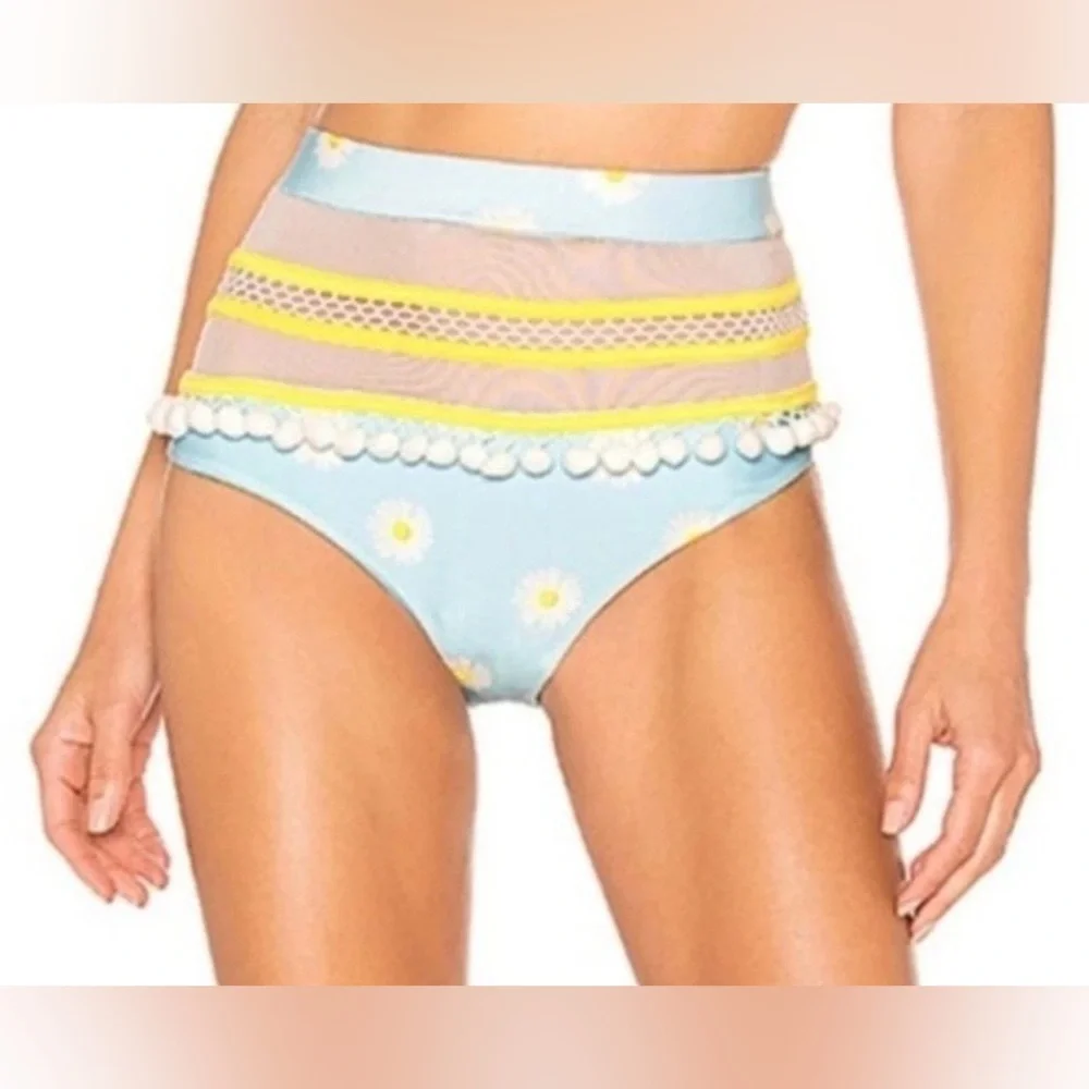 Tularosa Revolve‎ Thessy Daisy Skies Blue White Yellow Pom Pom Bikini Bottom XS